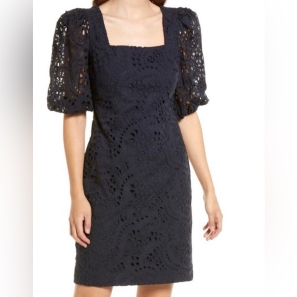 Beautiful Eliza J Eyelet embroidered Dress puff sleeves zipper sz 6 nav…